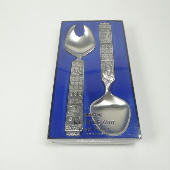 Konge Tinn Pewter Norway 2 Serving Spoons Salad Servers Set Vintage - Picture 1 of 6